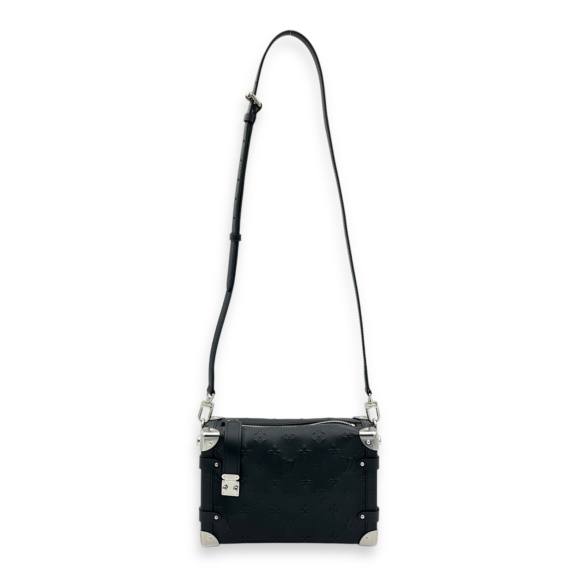 Side Trunk Black Crossbody Bag in Calfskin, Silver hardware - Image 12