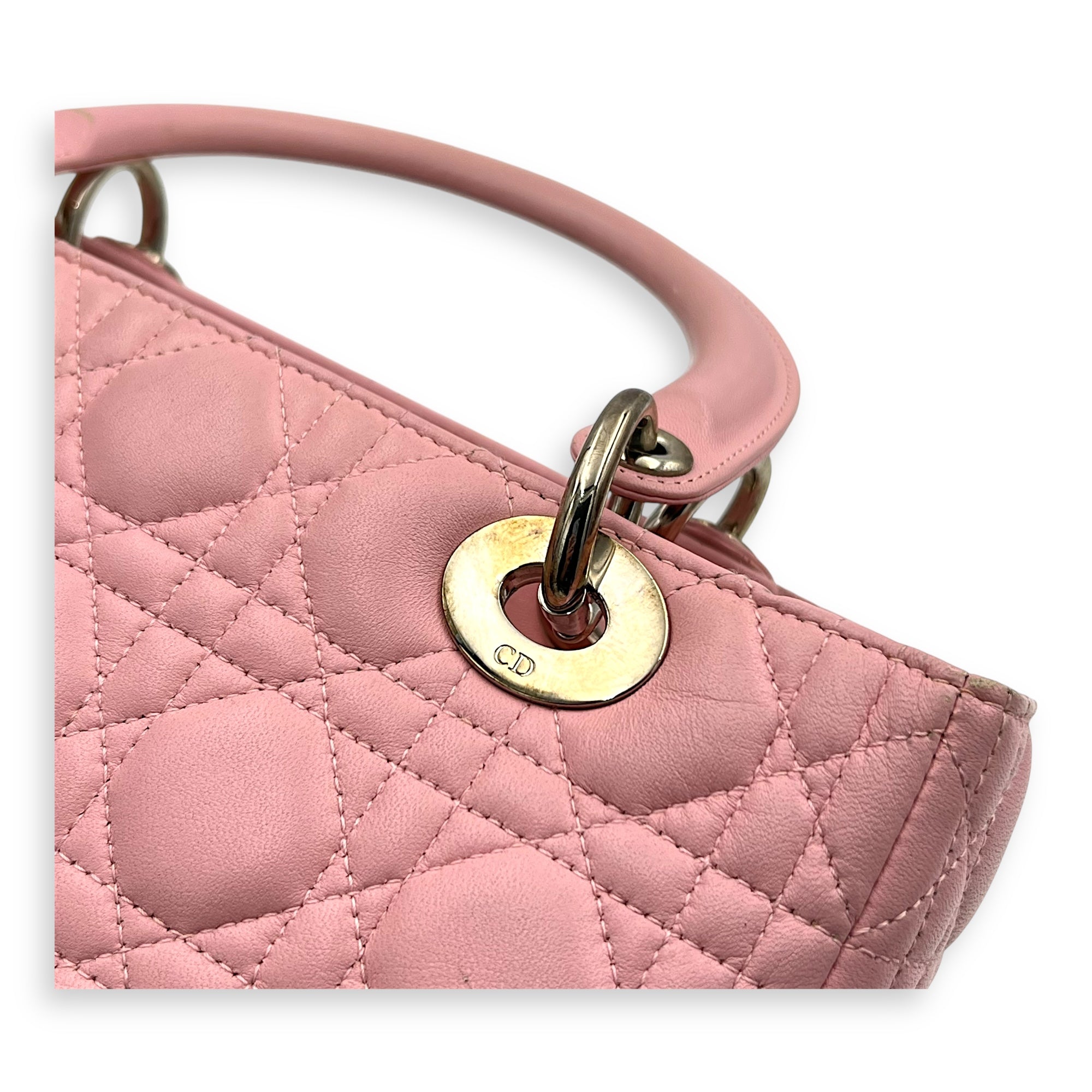Lady Dior Top Handle Bag Medium Pink in Calfskin, Silver hardware - Image 9