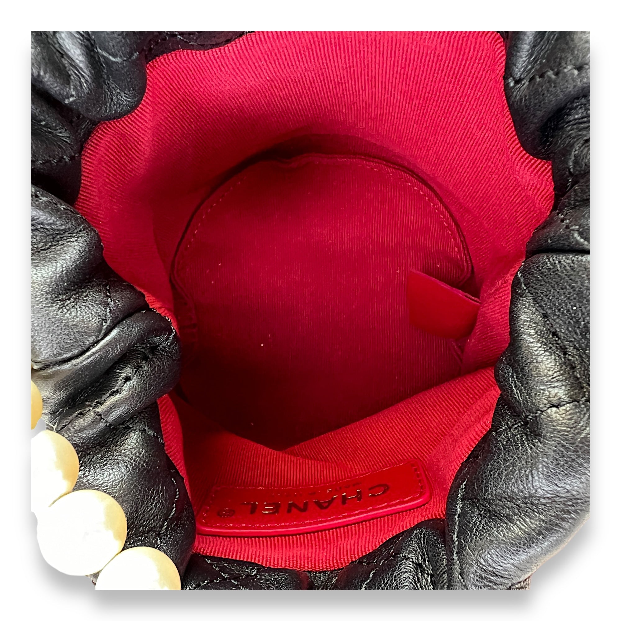 About Pearls Mini Black Bucket Bag in Calfskin, Gold hardware - Image 11