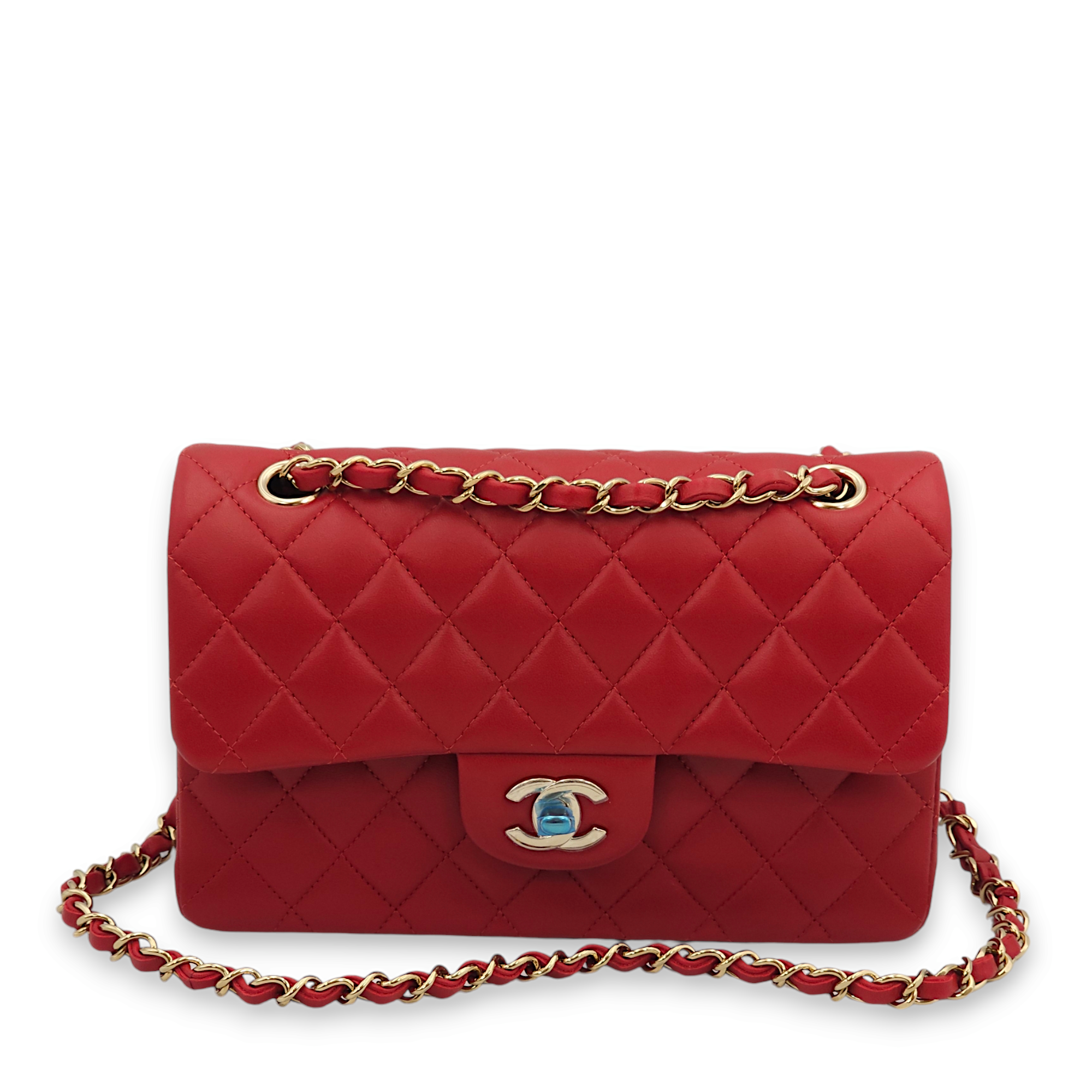 Classic Double Flap Small Red Shoulder Bag in Lambskin, Gold hardware - Image 3