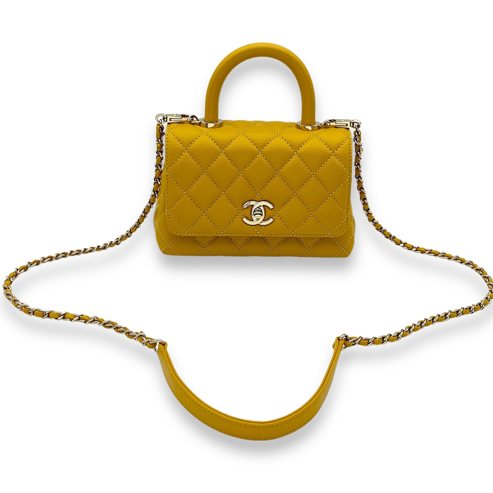Coco Mini Mustard Yellow Top Handle Bag in Caviar Leather, Gold hardware - Image 9