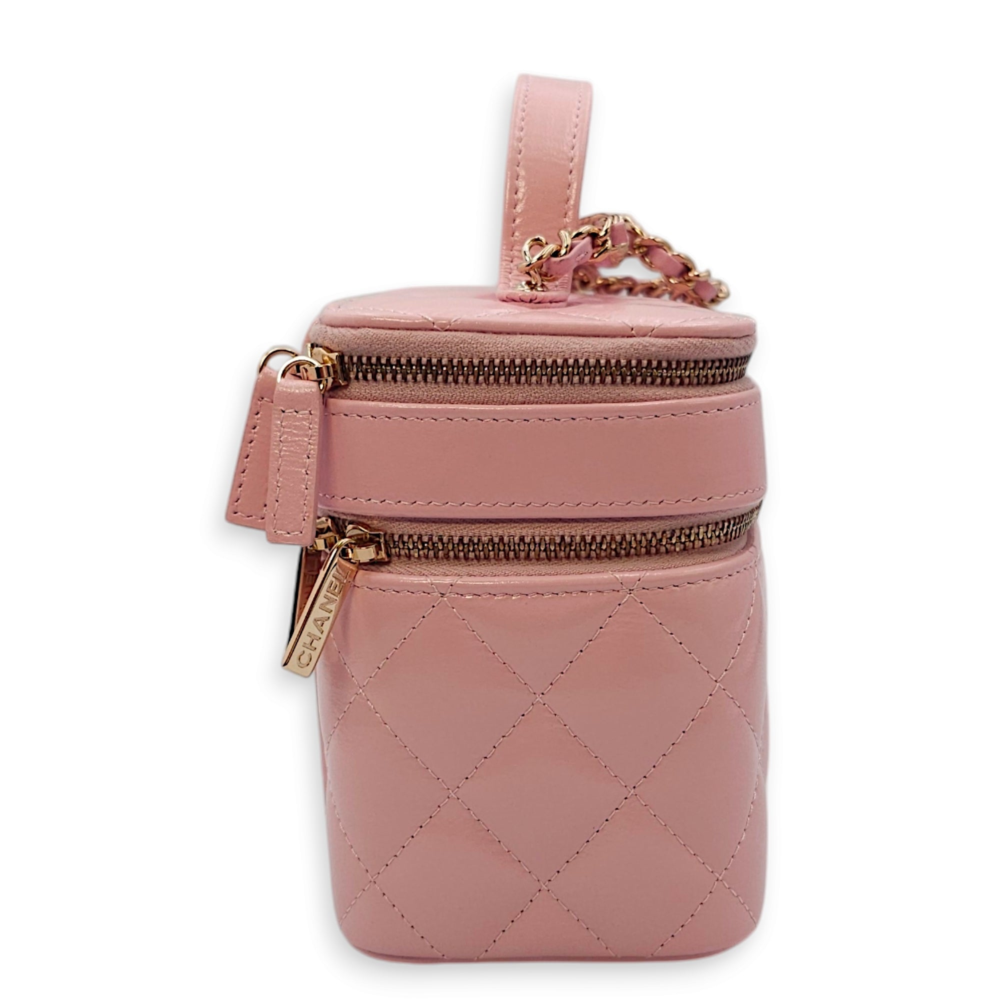Double Layer 16x13x8.5cm Pink Vanity Bag in Glazed Calf, Gold hardware - Image 5