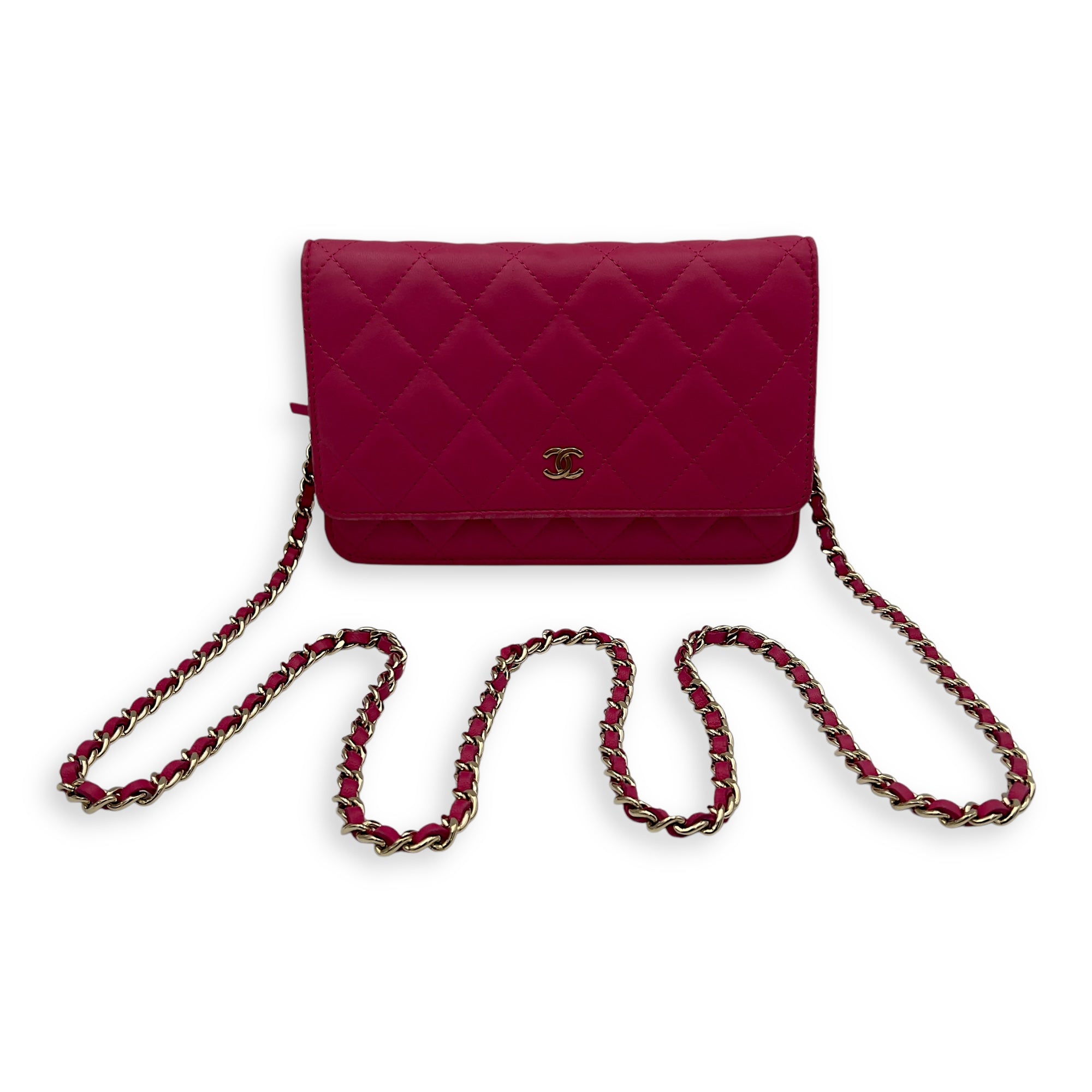 CC Wallet On Chain Pink in Lambskin, Gold hardware
