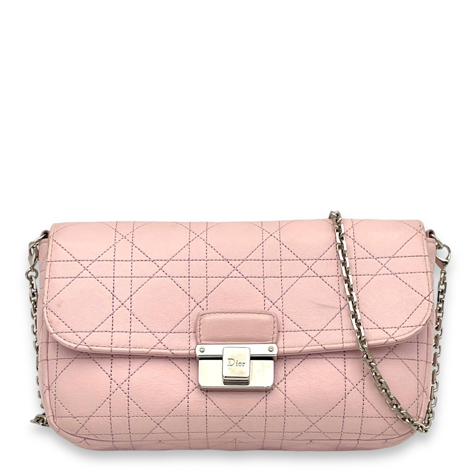 Cannage Stitched Diorling Pink Wallet On Chain in Calfskin, Silver hardware