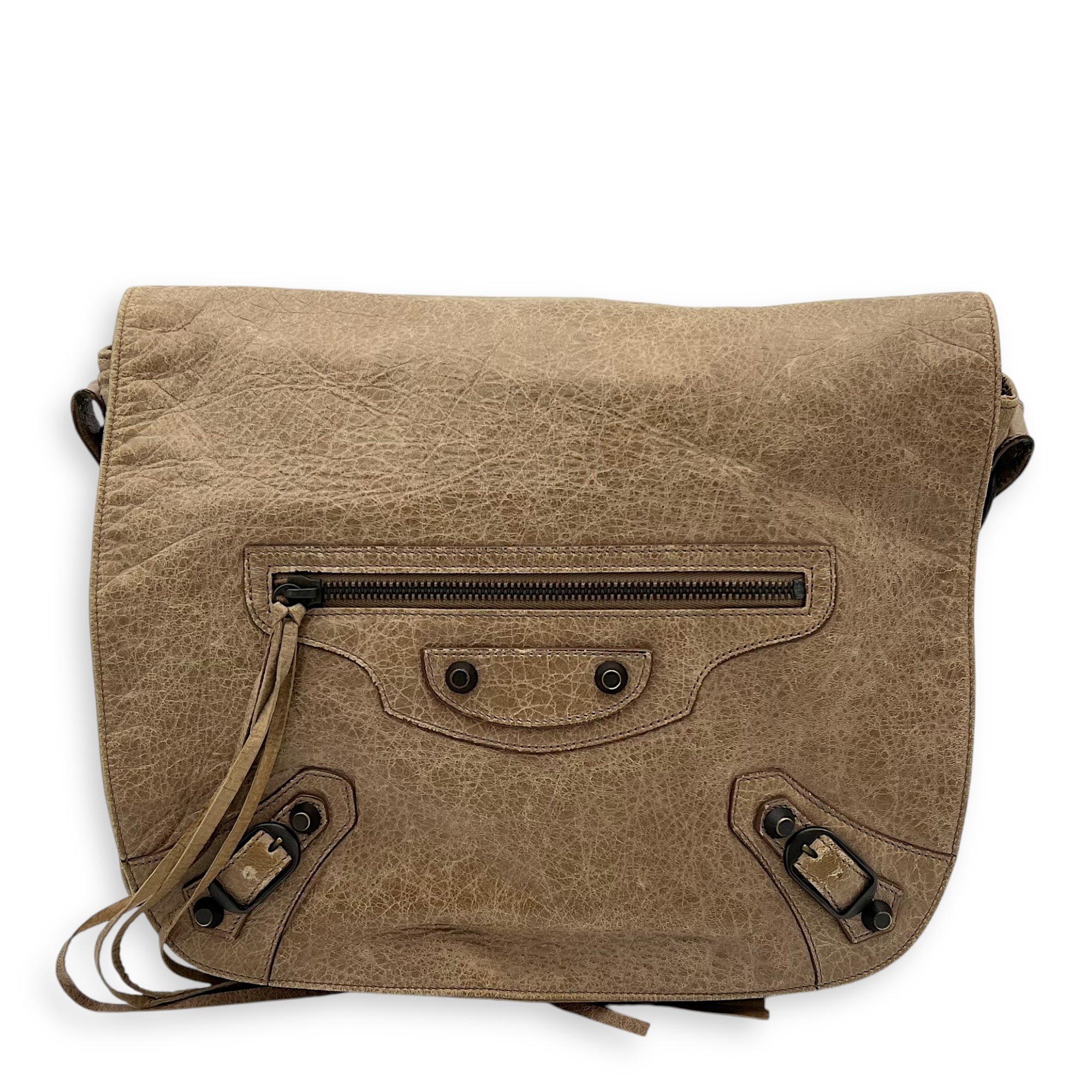 Folk Brown Crossbody Bag in Distressed Leather, Gunmetal hardware