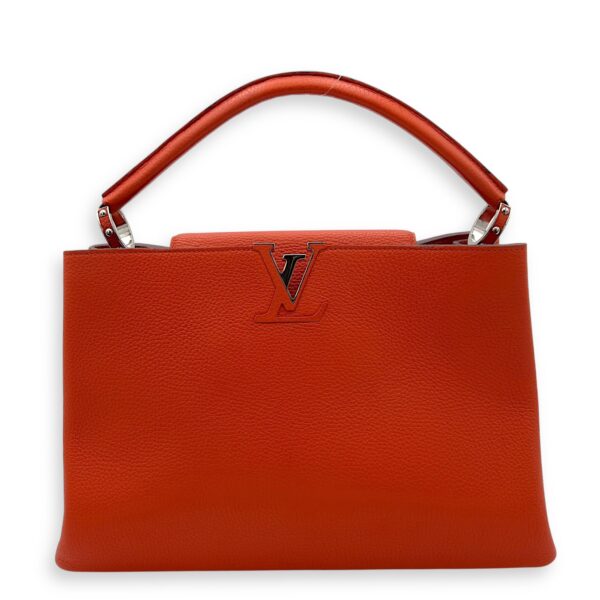 Capucines MM Clementine Top Handle Bag in Taurillon Leather, Light Gold hardware