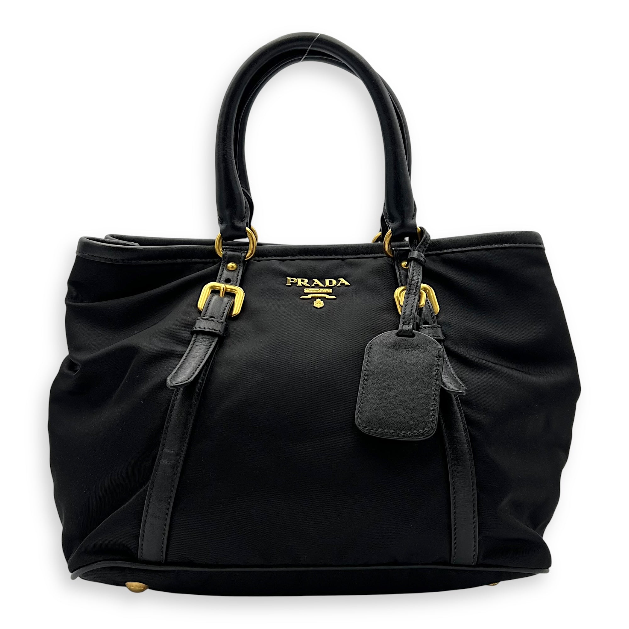 Logo Black Top Handle Bag in Nylon, Gold hardware