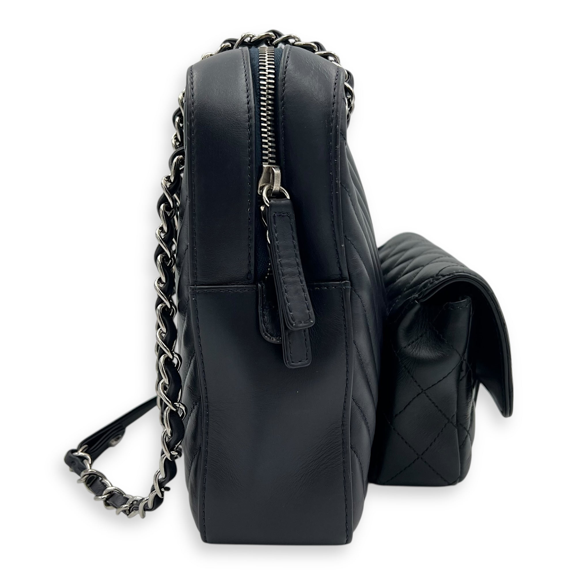 Paris Hamburg Double Camera Bag With Flap Navy & Black Shoulder Bag in Calfskin, Silver hardware - Image 7