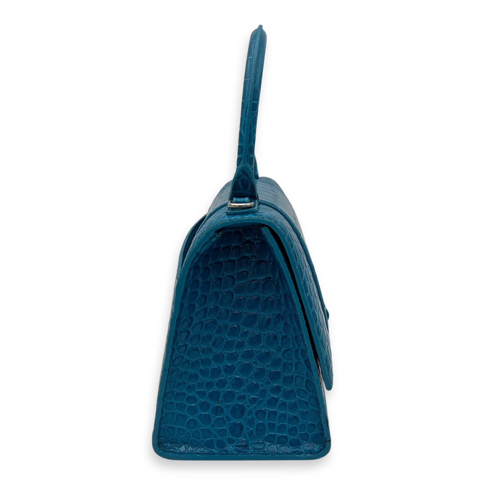 Hourglass Top Handle Bag Blue in Crocodile Embossed Calfskin, Silver hardware - Image 4