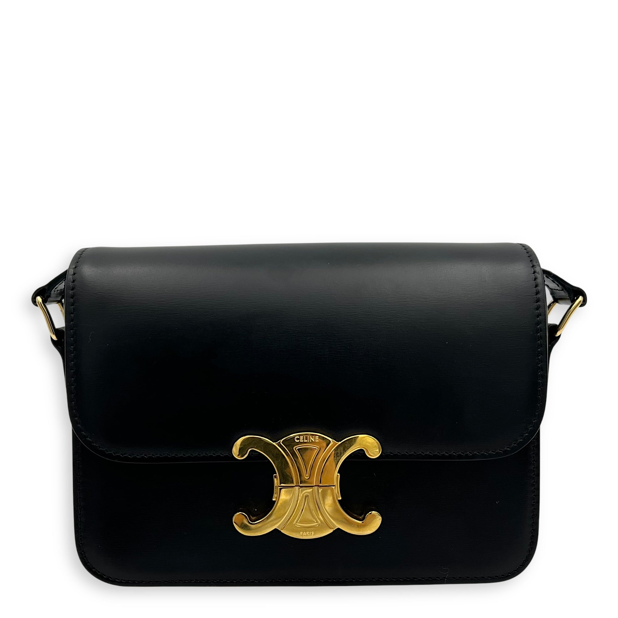 Triomphe Teen Black Crossbody Bag in Box Calfskin, Gold hardware
