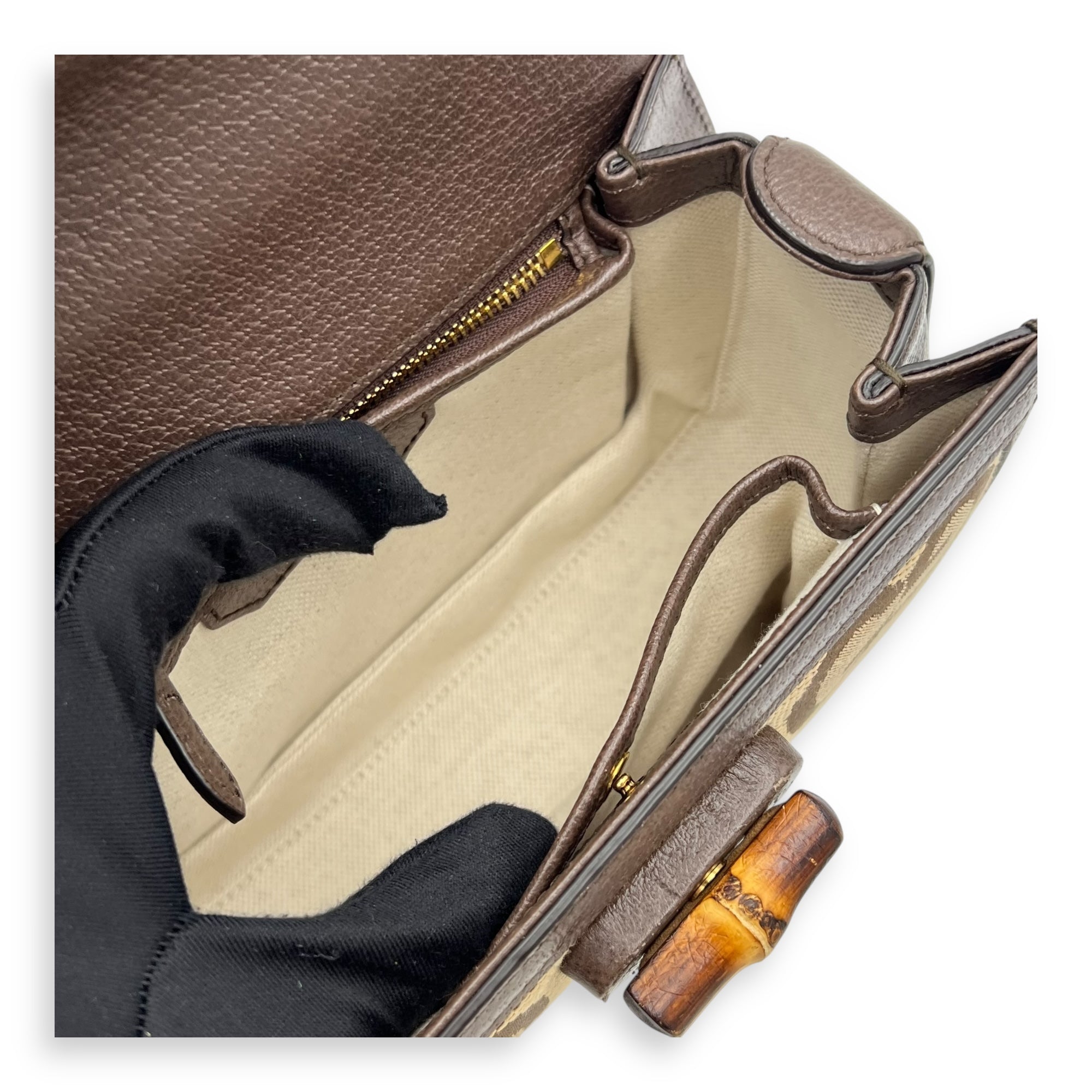 Bamboo Top Handle Bag Brown in Canvas, Gold hardware - Image 11