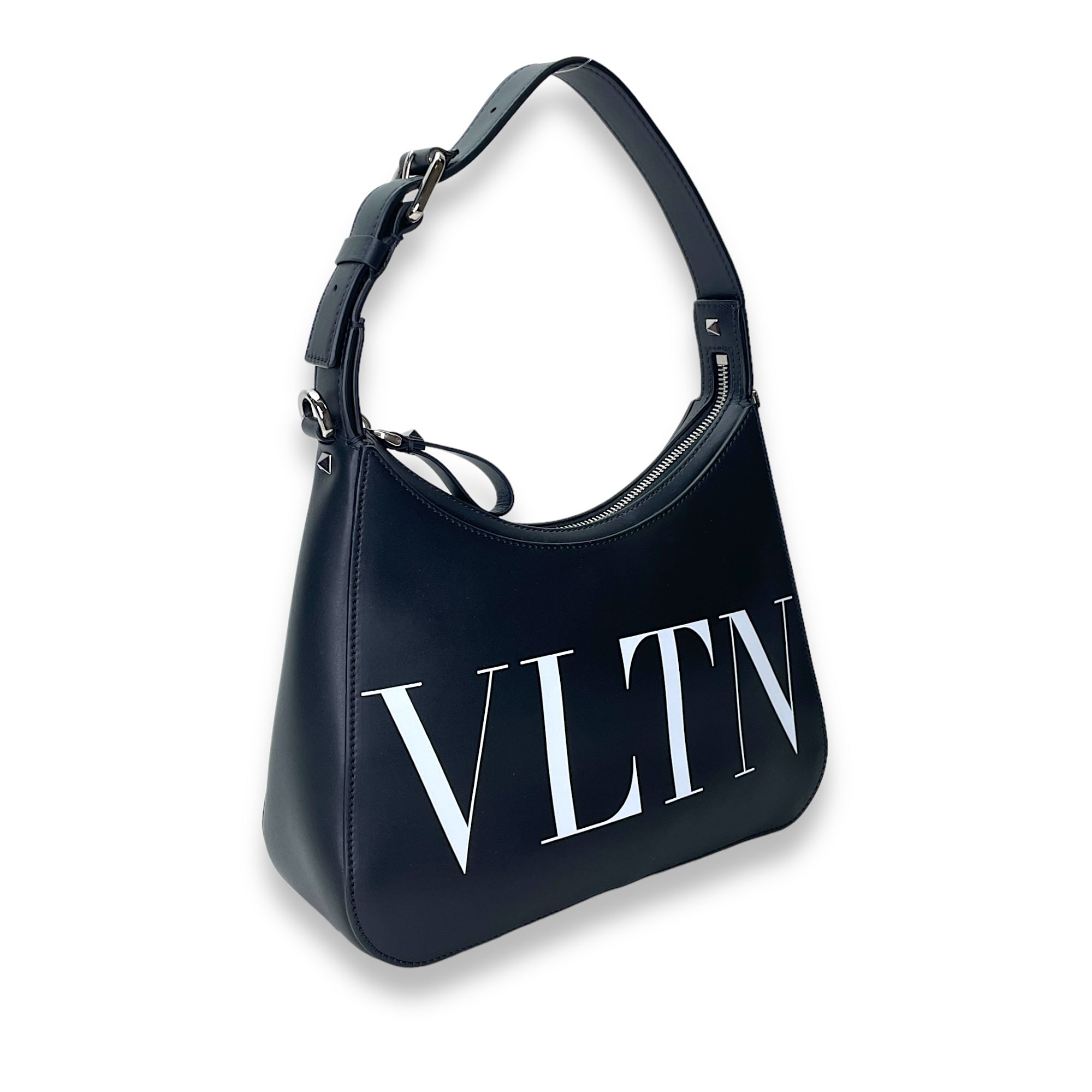 VLTN Hobo Small Black Shoulder Bag in Calfskin, Silver hardware - Image 4