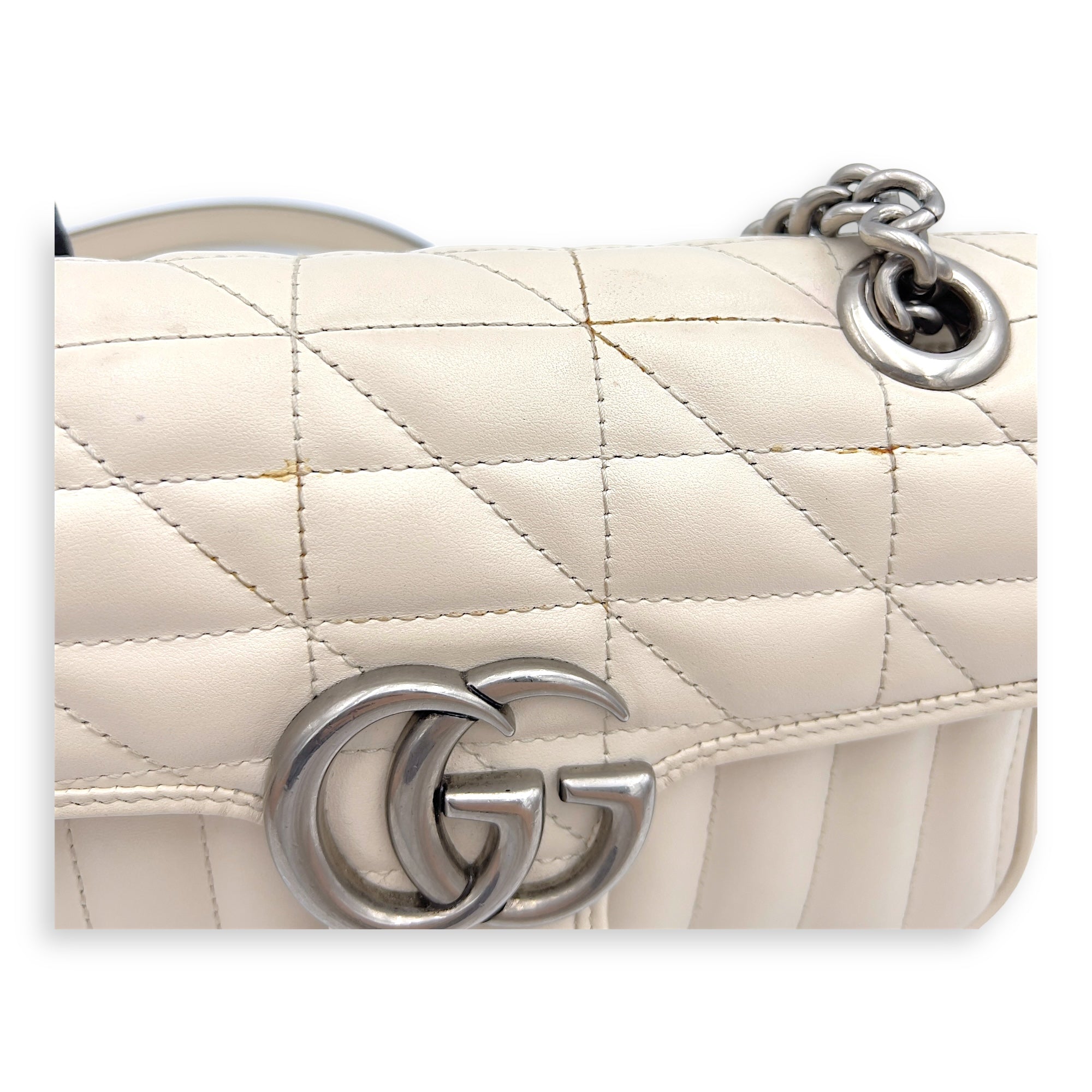 GG Marmont Mini White Shoulder Bag in Calfskin, Silver hardware - Image 13