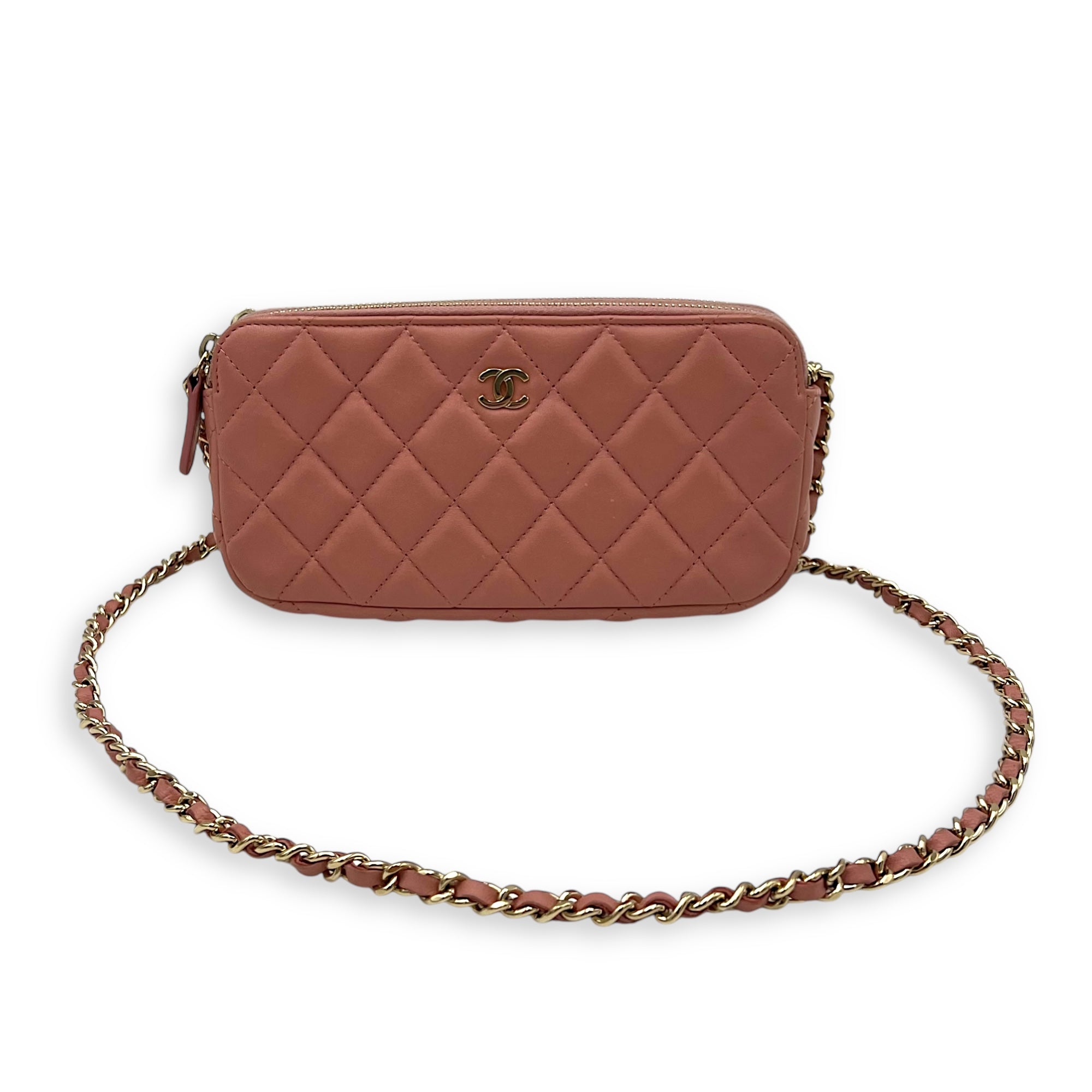 Double Zipped Pink Clutch with Chain in Lambskin, Gold hardware - Image 13