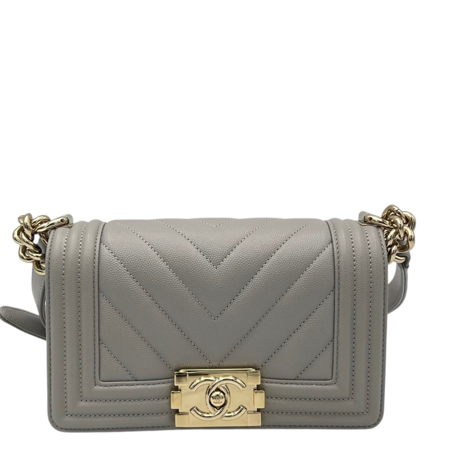 Chevron Quilted Boy Small Grey Shoulder Bag in Caviar Leather, Gold hardware