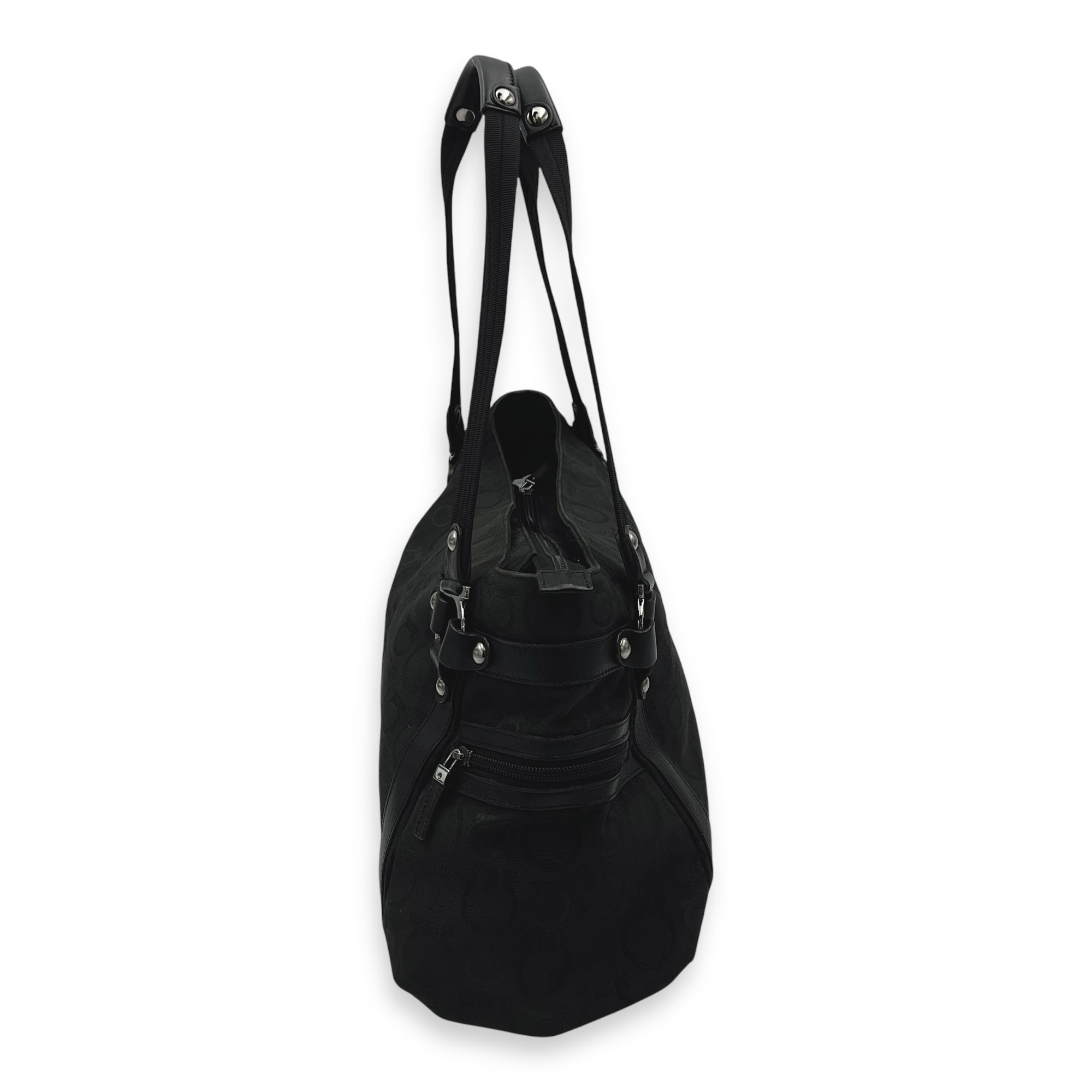 Vintage Black Shoulder Bag in Canvas, Silver hardware - Image 5