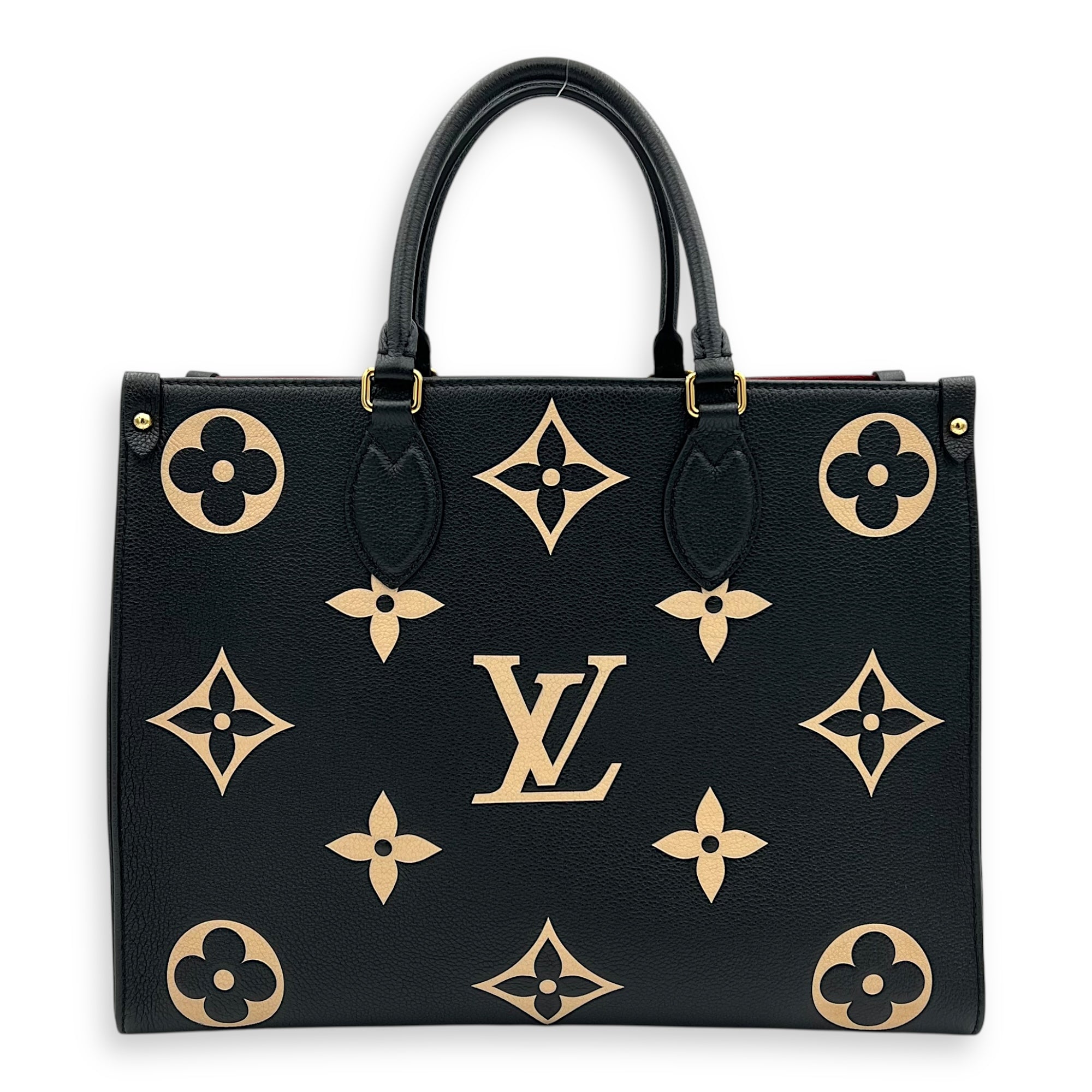 OnTheGo MM Blue Top Handle Bag in Empreinte Leather, Gold hardware