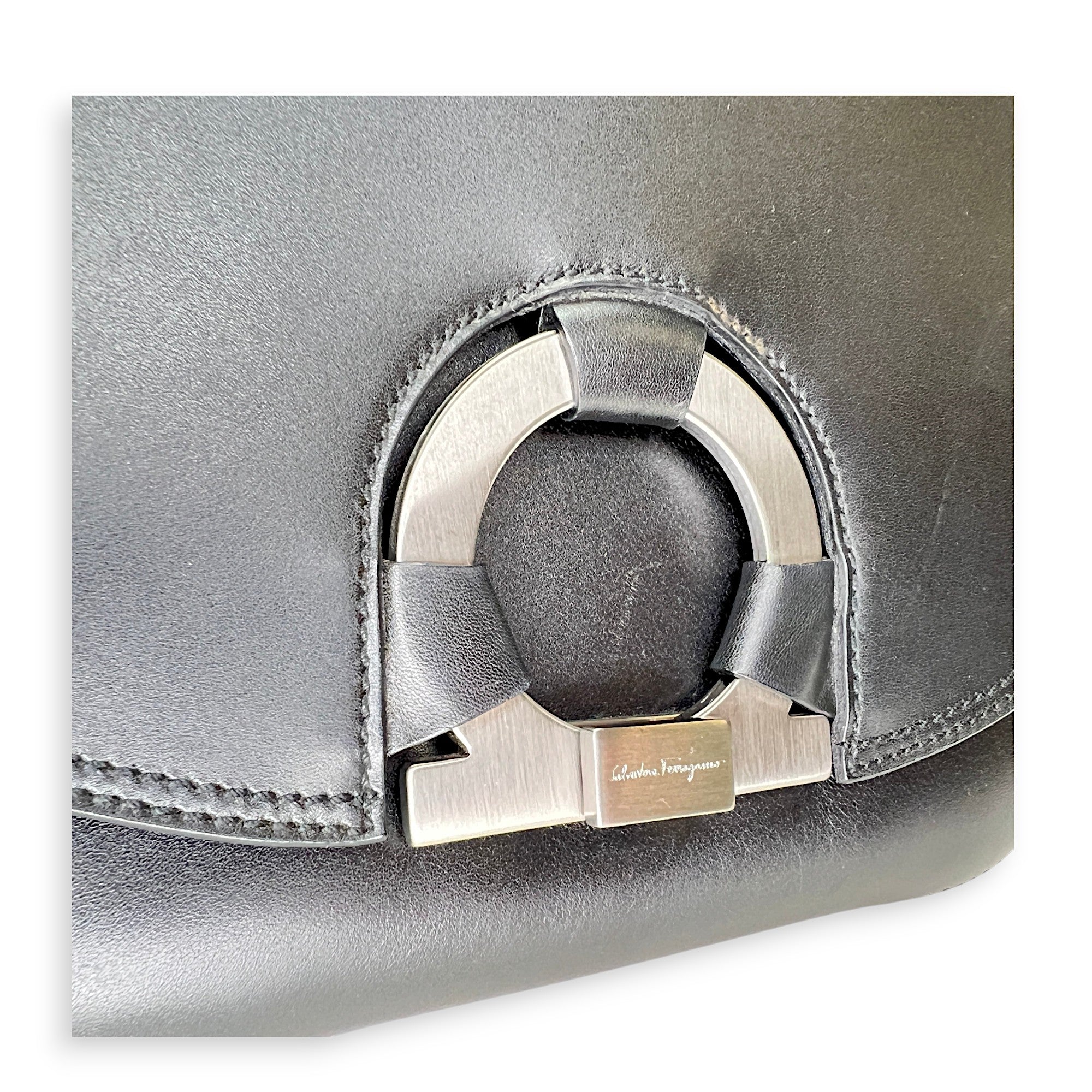 Gancini Flap Black Top Handle Bag in Calfskin, Silver hardware - Image 8